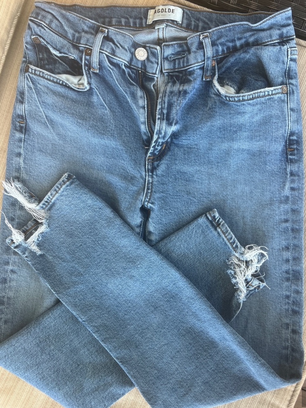 Agolde Medium Blue High-Rise Distressed Jeans